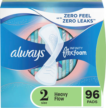 Always Infinity Feminine Pads For Women, Size 2, Heavy Flow Absorbency, With Wings, Unscented 96 Count (3 Packs Of 32)