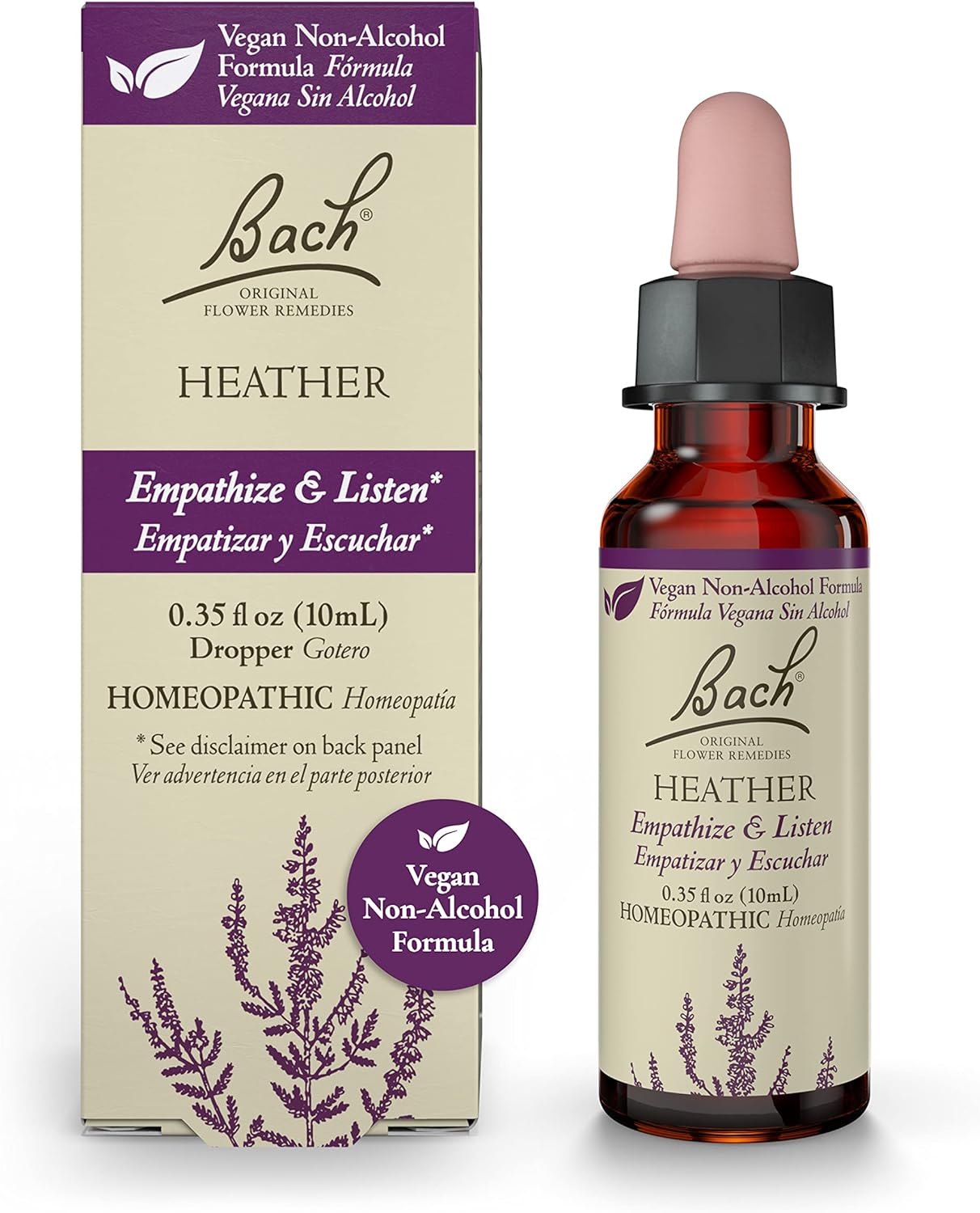 Bach Original Flower Remedies, Heather for Empathy (Non-Alcohol Formula), Natural Homeopathic Flower Essence, Holistic Wellness and Stress Relief, Vegan, 10mL Dropper