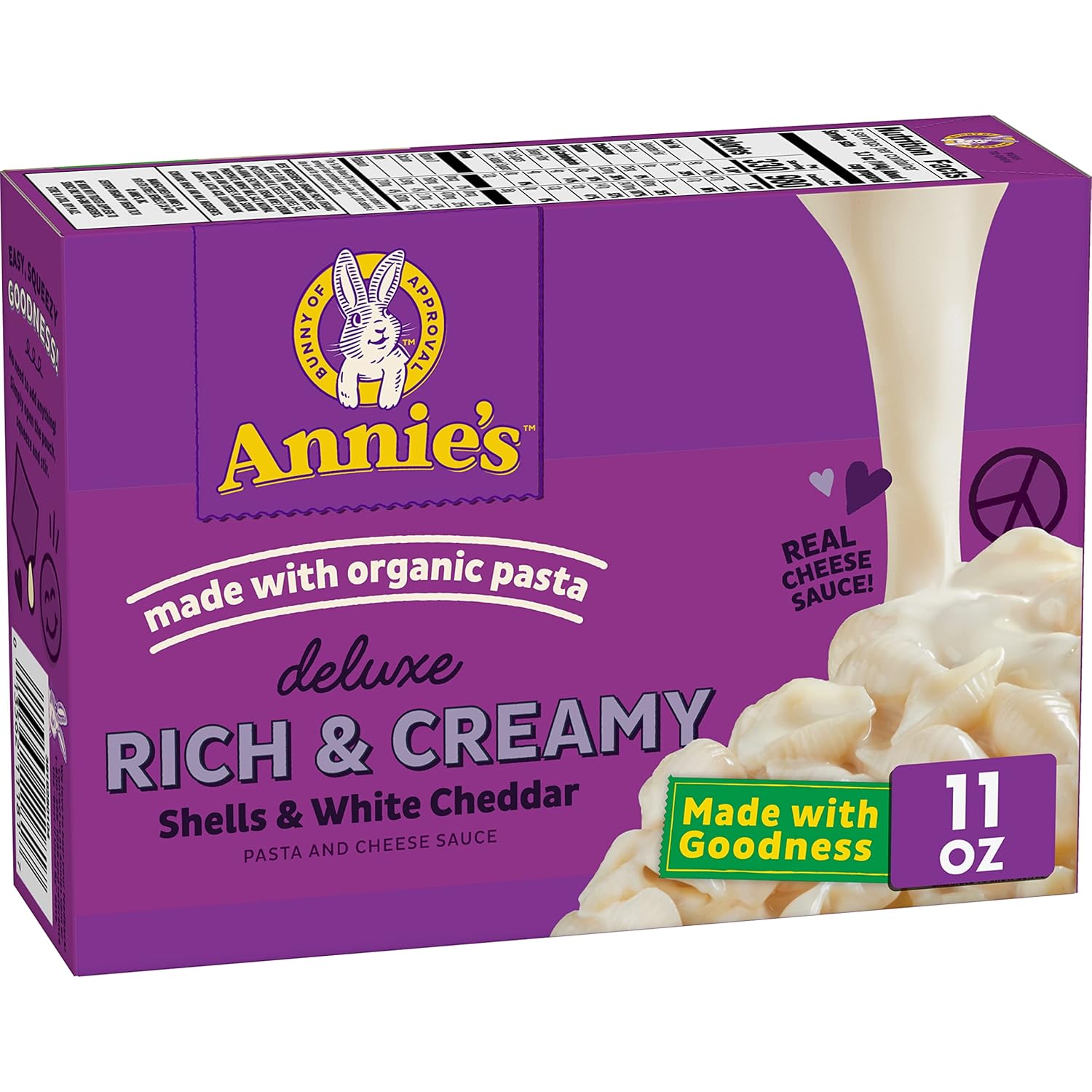 Annie'S Deluxe Macaroni And Cheese With Organic Pasta, Real White Cheddar Cheese And Shells, 11 Oz