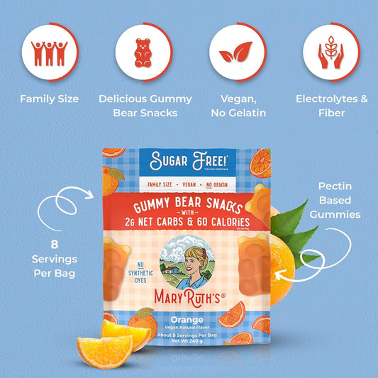MaryRuth Organics Sugar Free Gummy Bears Snacks | Delicious Gummy Candy Made with Organic Ingredients | Orange | Vegan | Gluten Free | Non-GMO | Family Size | 240g