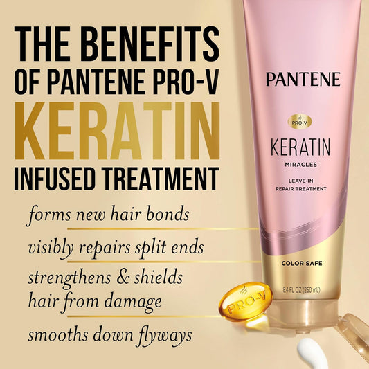 Pantene Keratin Leave-In Conditioner, Protein Treatment, With Argan Oil, Repairs Split Ends, Protects Hair From Damage, For Dry Damaged Hair, Safe For Color Treated Hair, Formaldehyde Free, 8.4Oz