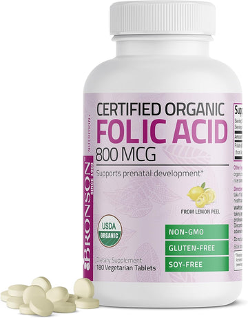 Bronson Organic Folic Acid (Vitamin B9 Folate) 800 mcg Natural Folate from Lemon Peel, 180 Tablets