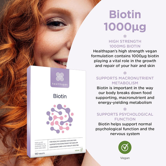 Healthspan Biotin 1,000µg (6 Months Supply) | Vitamin B For Healthy Hair & Skin | Supports Macronutrient Metabolism | One-A-Day Tablets | Vegan
