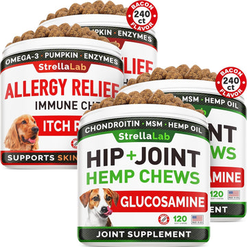 Allergy Relief + Large Breed Hemp + Glucosamine For Dogs Bundle - Itchy Skin + Hip & Joint Pain Relief - Omega 3 & Pumpkin + Chondroitin, Msm - Allergy Supplement, Hotspot Relief - 480Ct - Made In Usa