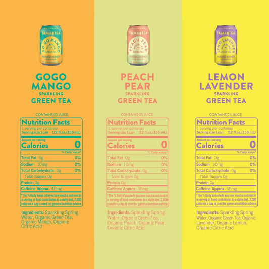Sparkling Green Tea Variety Pack By Tama Tea - Made With Real Fruit & Herbs - Zero Sugar, Zero Calories, Non-Gmo - Naturally Energizing Green Tea High In Antioxidants & Nootropics - Pack Of 12