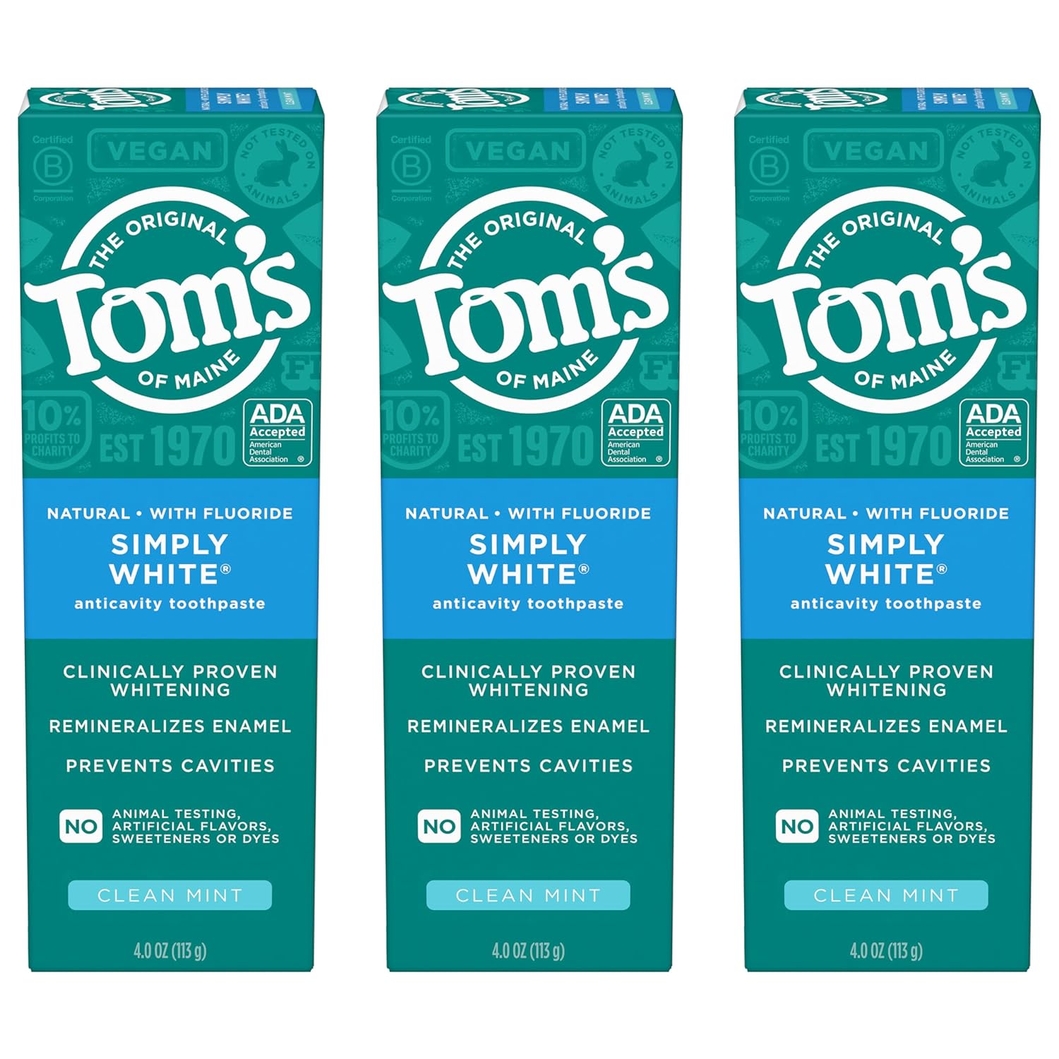 Tom's of Maine Natural Whitening Toothpaste with Fluoride, Simply White, Clean Mint, 3 Pack, 4.0 Oz