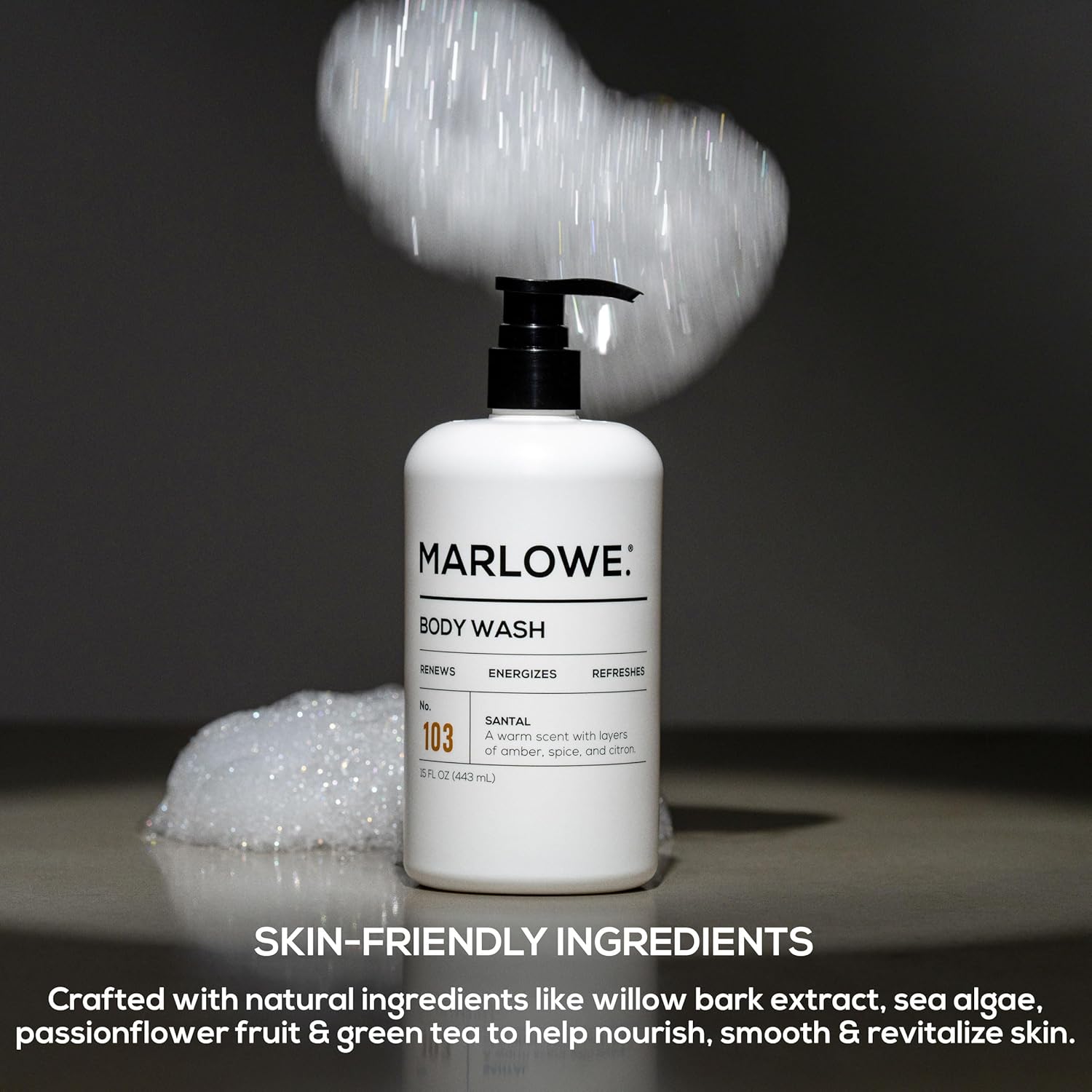 Marlowe. No. 103 Body Wash 15 Oz Pump, Santal, Energizing & Refreshing Shower Gel, Willow Bark & Green Tea Extracts, Cleanses, Moisturizes, Smooths & Nourishes, Warm Amber, Spice & Citron Scent