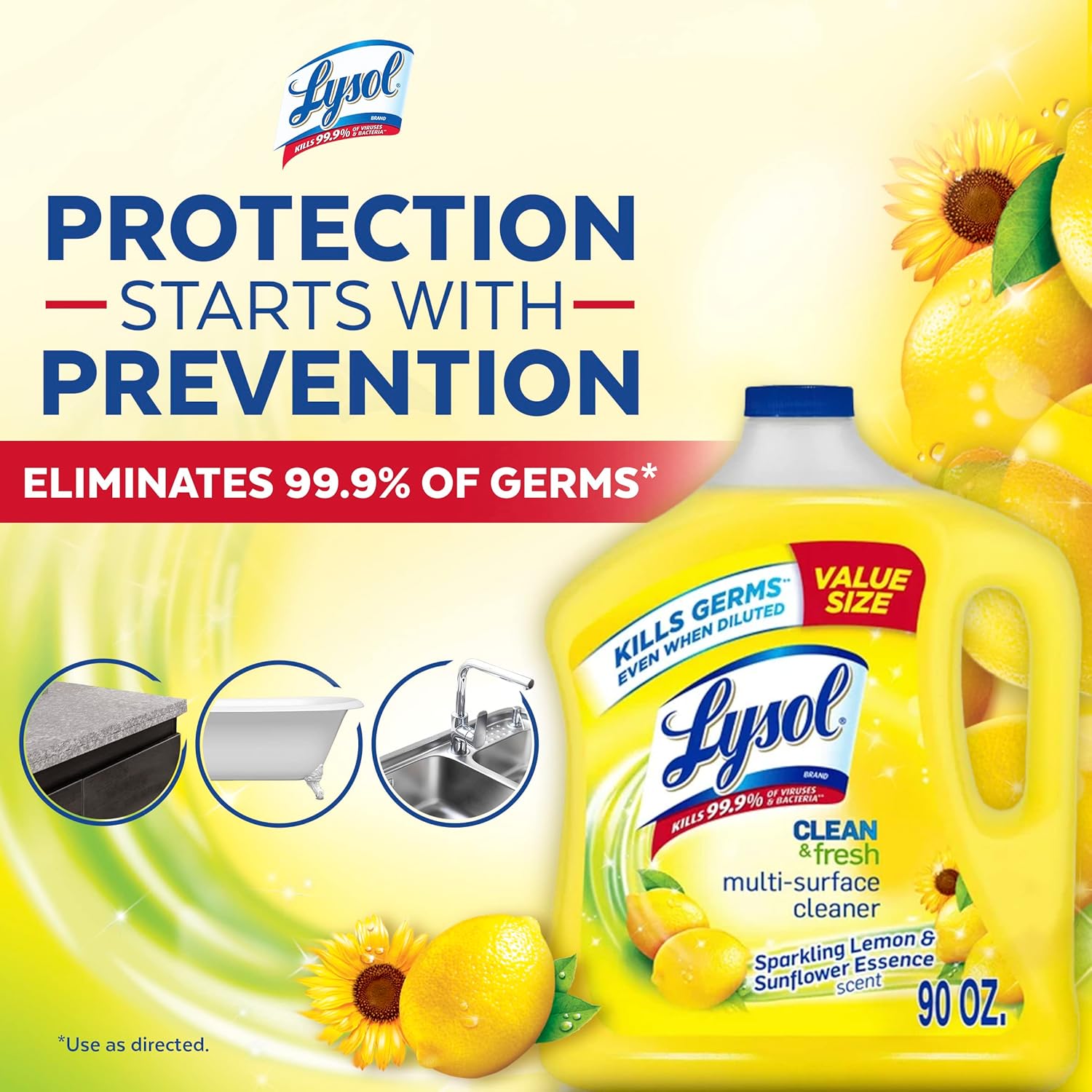 Lysol Multi-Surface Cleaner, Sanitizing and Disinfecting Pour, to Clean and Deodorize, Sparkling Lemon and Sunflower Essence, 90 Fl Oz : Health & Household