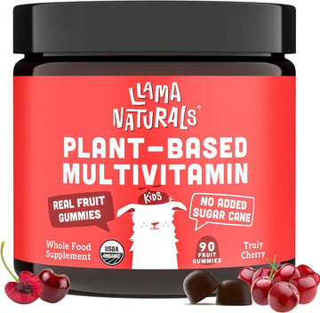 Llama Naturals Real Fruit Gummy Vitamins for Kids, No Added Sugar Cane or Sweeteners, Whole Food Multivitamin, Vegan Toddler Gummies, Plant Based, Organic, Chewable 90 ct (30-60 Days) Cherry