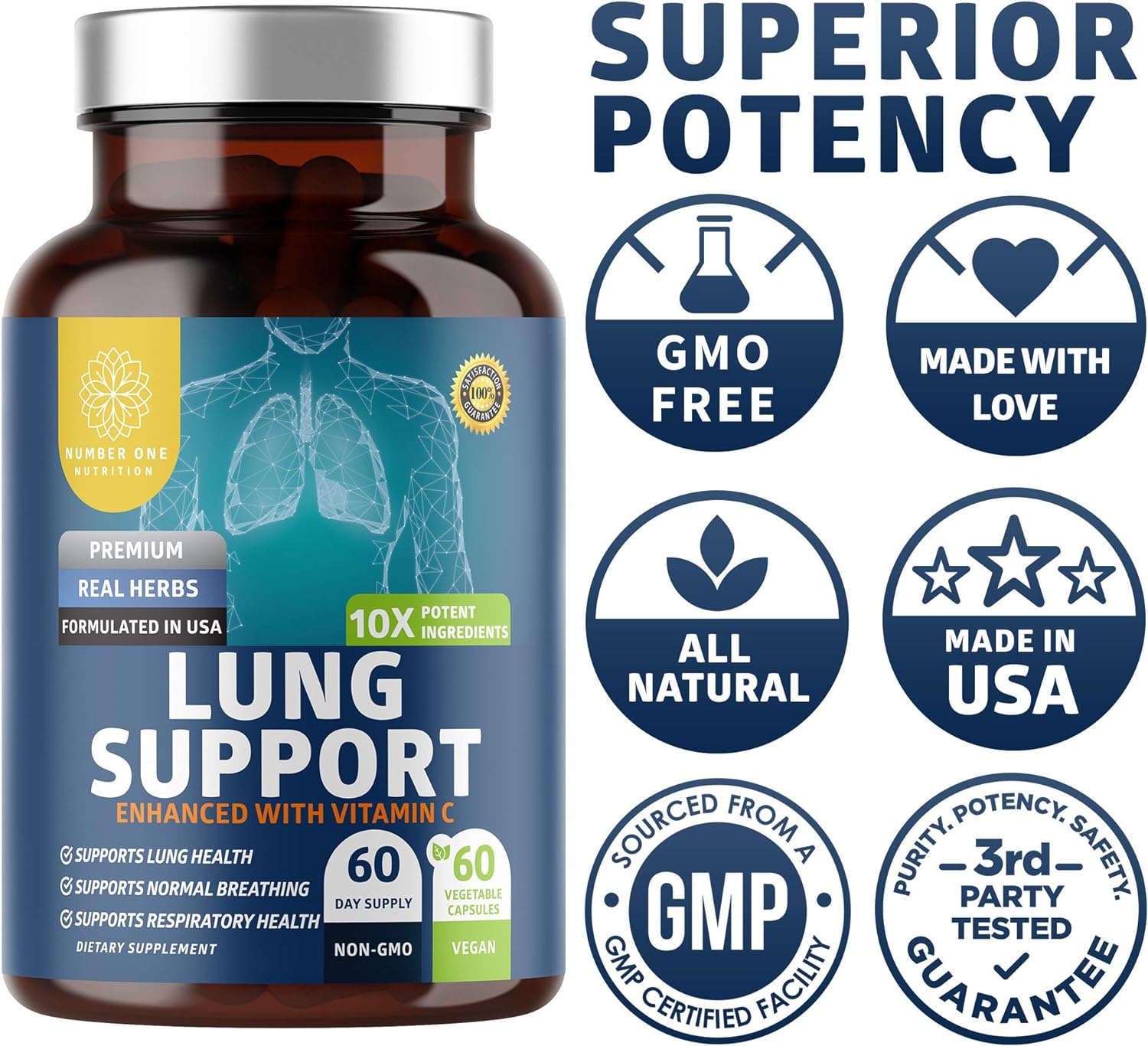 Number One Nutrition N1N Premium Lung Support Supplement [10 Potent Ingredients] Natural Lung Cleanse & Detox with Quercetin, Bromelain and Vitamin C to Help Support Respiratory Health, 60 Veg Caps : Health & Household