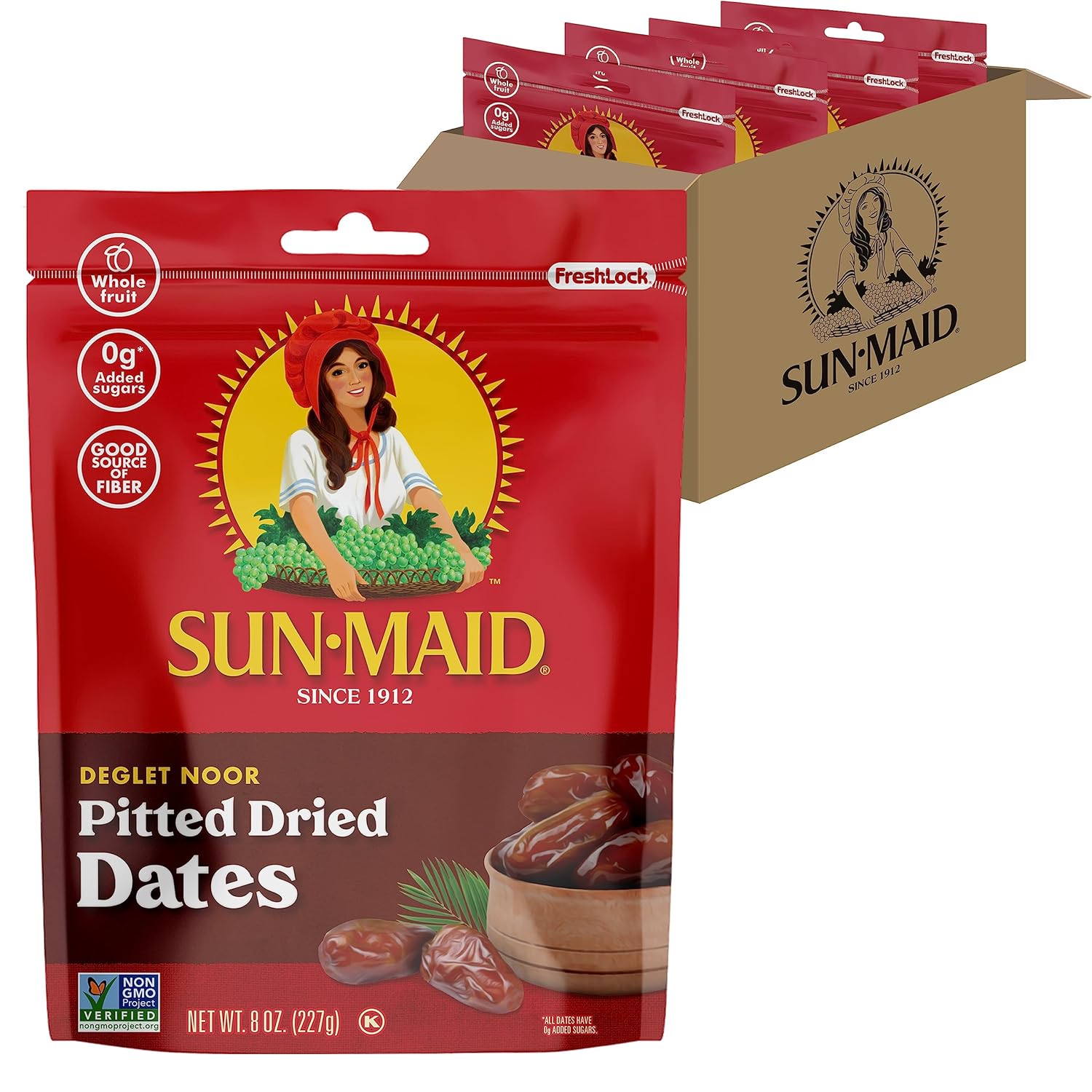 Sun-Maid Deglet Noor Pitted Dried Dates - (4 Pack) 8 Oz Resealable Bag - Pitted Deglet Noor Dates Dried Fruit Snack For Lunches, Snacks, And Natural Sweeteners