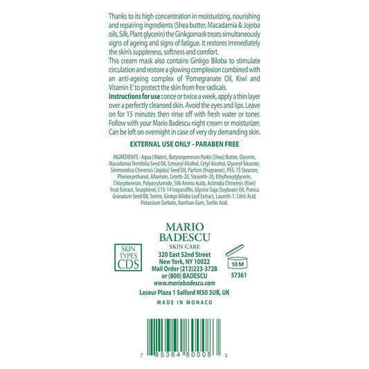 Mario Badescu Ginkgo Mask, Hydrating Skin Care Face Mask For Men And Women With Shea Butter And Vitamin E, Nourishing Facial Mask For Softer, Smoother, Radiant Complexion, 2.5 Oz