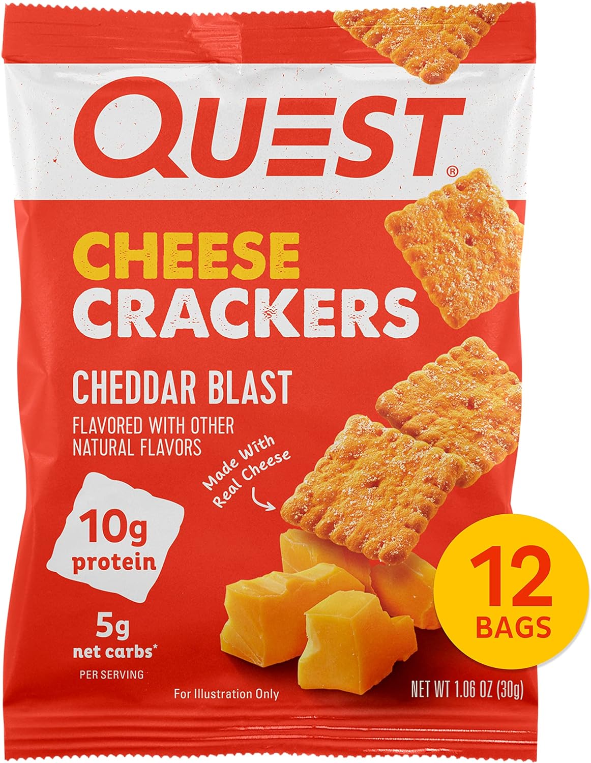 Quest Nutrition Cheese Crackers, Cheddar Blast, High Protein, Low Carb, Made with Real Cheese, 12 Count (1.06 oz bags)