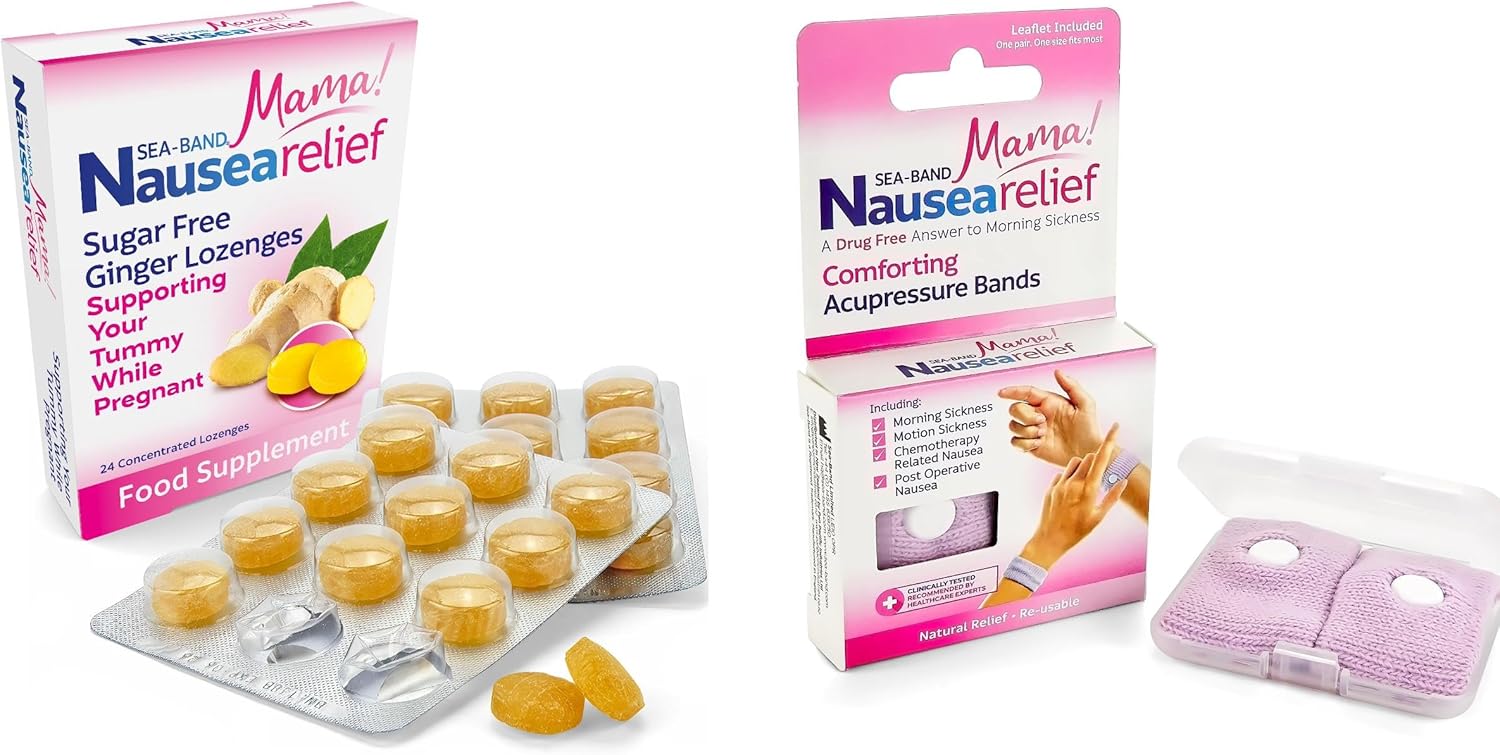 Sea-Band Mama! Motion Sickness, Nausea And Morning Sickness Relief, Ginger Lozenges And Acupressure Wristbands Bundle, (1 X Pack Of 24 Ginger Lozenges And 1 X Pair Of Adult Lilac)