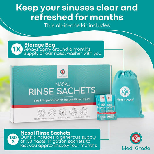 Medi Grade Saline Nasal Rinse Salt Sachets For Nasal Irrigation, 130 Sachets X 4.5G - All Natural, Isotonic, Ph Balanced Nose Cleaner Nasal Wash Sachets For Clear Nasal Passages And Improved Breathing