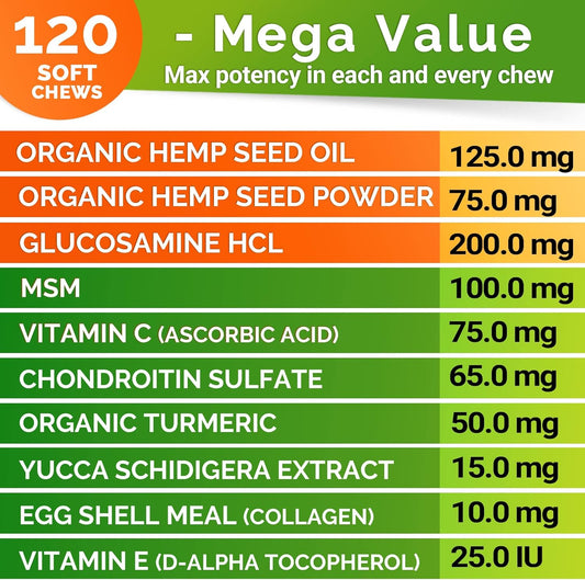 Hemp Hip & Joint Supplement For Dogs Glucosamine, Chondroitin, Msm, Turmeric, Hemp Seed Oil & Hemp Protein For Joint Pain Relief & Mobility 120 Soft Chews Bacon Flavor