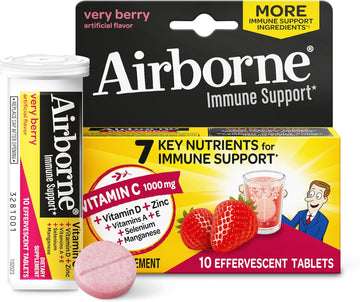 Vitamin C 1000Mg (Per Serving) - Airborne Very Berry Effervescent Tablets (10 Count In A Box), Gluten-Free Immune Support Supplement, With Vitamins A C E, Zinc, Selenium, Echinacea & Ginger