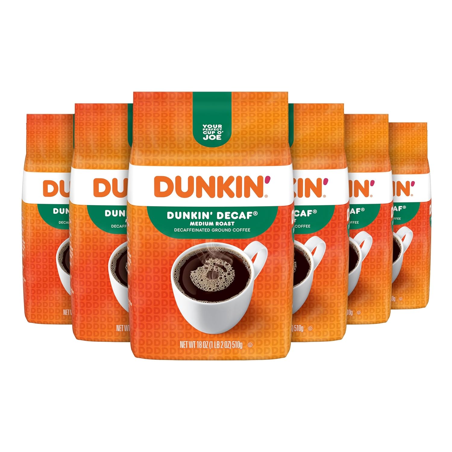 Dunkin' Decaf Medium Roast Decaffeinated Ground Coffee, 18 Ounce (Pack Of 6)