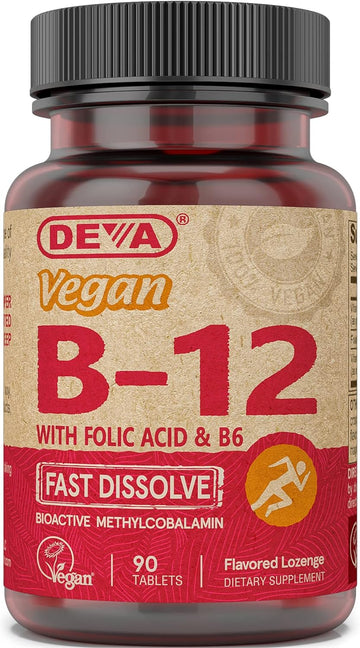 Deva Vegan Vitamin B12 Fast Dissolve Supplement - Once-Per-Day Complex With 1000 Mcg Methylcobalamin B12, Folic Acid, B6 - Lemon Flavor - 90 Dissolvable Tablets