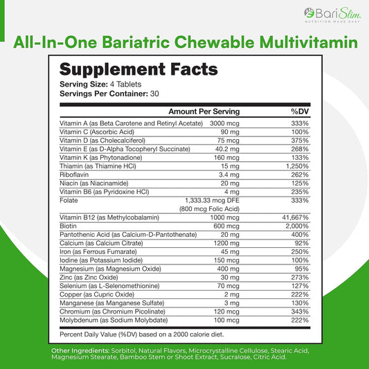 All-in-One Bariatric Chewable Multivitamin Tablets w/Calcium Citrate - Bariatric Vitamin for Post Bariatric Surgery Including Gastric Bypass & Gastric Sleeve | Mixed Berry (120 Count)