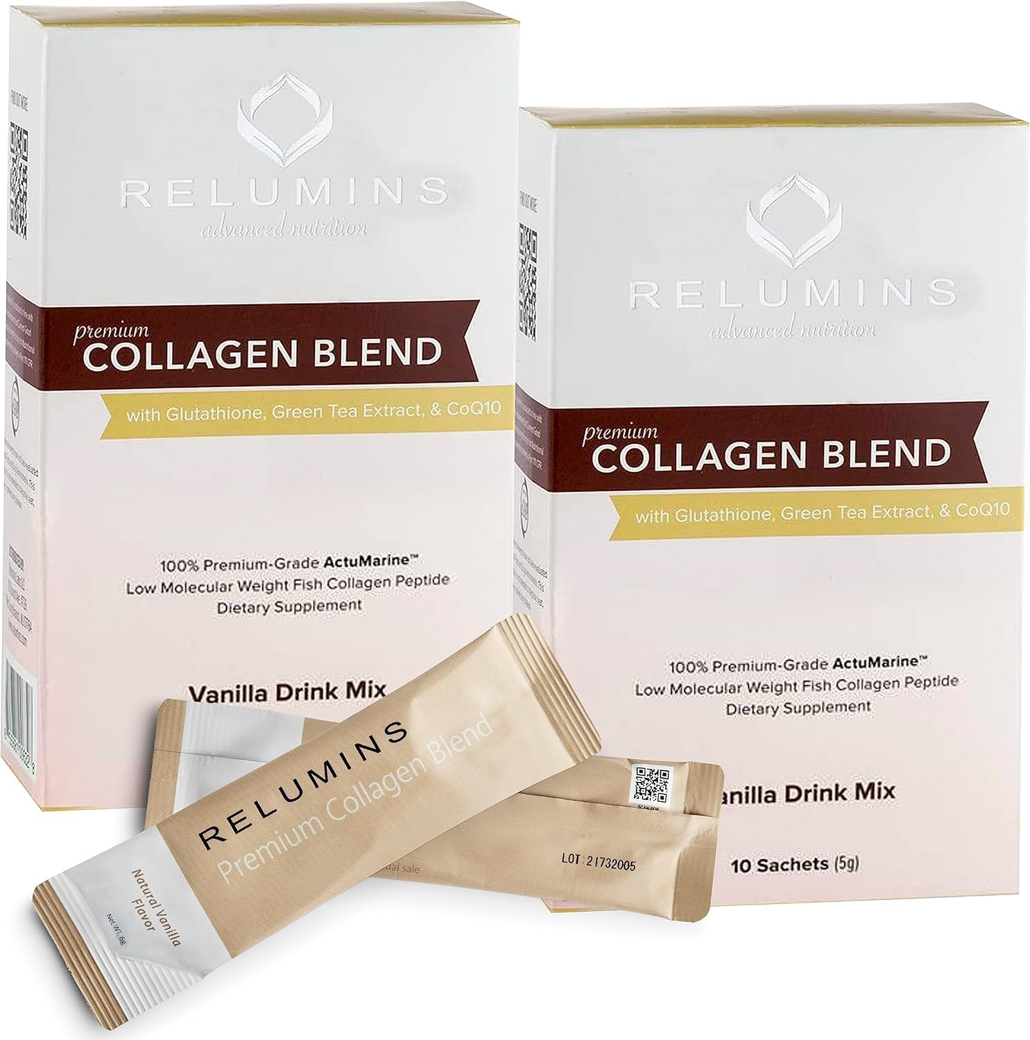 Relumins Marine Collagen Powder Drink Mix - Collagen Peptide With Glutathione, Green Tea, Coq10, & Hyaluronic Acid Promotes Glowing Skin - 100 Powder Sachets X Blueberry Flavored + 10 Free Sachets
