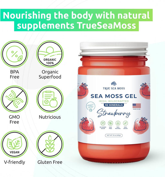 TrueSeaMoss Wildcrafted Irish Sea Moss Gel Mango and Strawberry Bundle Organic Raw Seamoss Rich in Minerals, Proteins & Vitamins