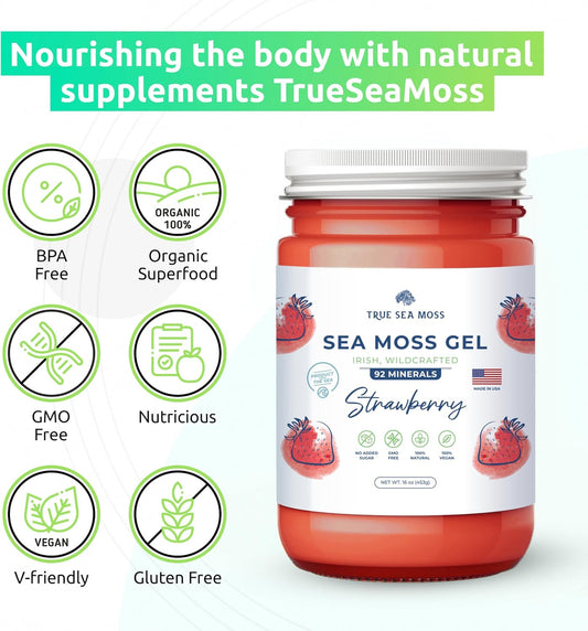 Trueseamoss Wildcrafted Irish Sea Moss Gel Mango And Strawberry Bundle Organic Raw Seamoss Rich In Minerals, Proteins & Vitamins