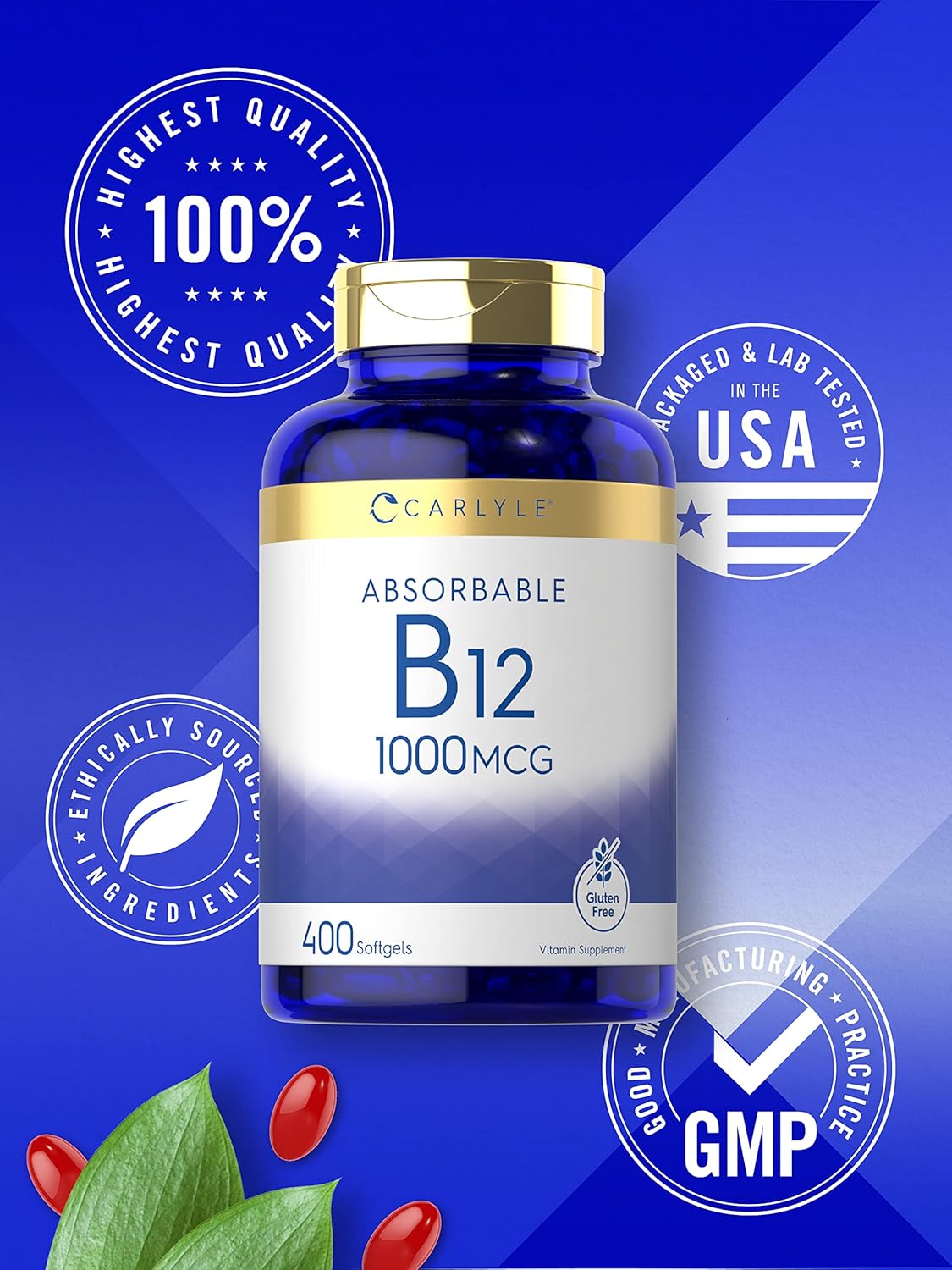 Carlyle Vitamin B-12 1000 mcg | 400 Softgels | Absorbable Formula | Non-GMO and Gluten Free Supplement : Health & Household