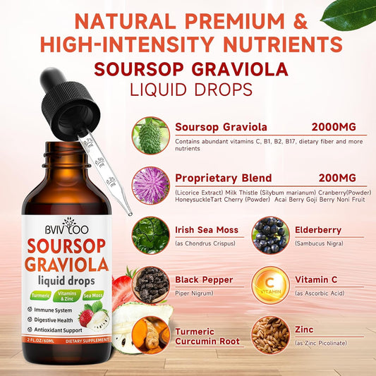 Soursop Graviola Liquid Drops - 2000Mg Pure Soursop Extract Blended With 300Mg Sea Moss & 100Mg Elderberry - Powerful Cell Support, Antioxidant-Rich, Immune-Boosting - 2 Fl Oz (60Ml) Bottle