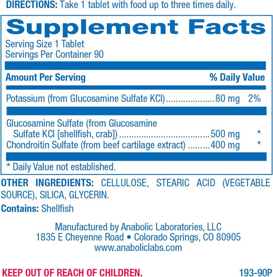 Anabolic Laboratories Glucosamine Chondroitin Tablets - 180 Nutritional Supplements for Joint Health - Contains 500 mg Glucosamine Sulfate Potassium Chloride and 40 mg Chondroitin Sulfate