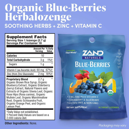 ZAND Organic Blue-Berries HerbaLozenge Cough Drops | Zinc, Elderberry