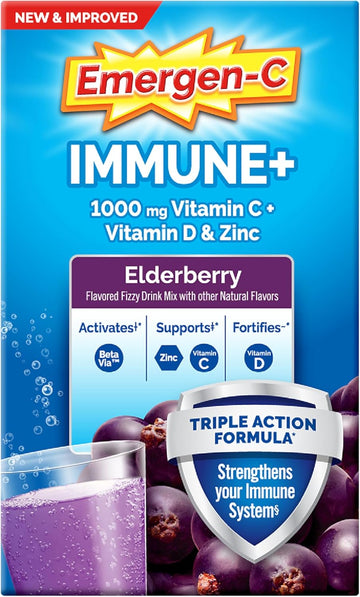 Emergen-C Immune+ Vitamin C 1000Mg (18 Count, Elderberry) Dietary Supplement Fizzy Drink Mix Powder Packets