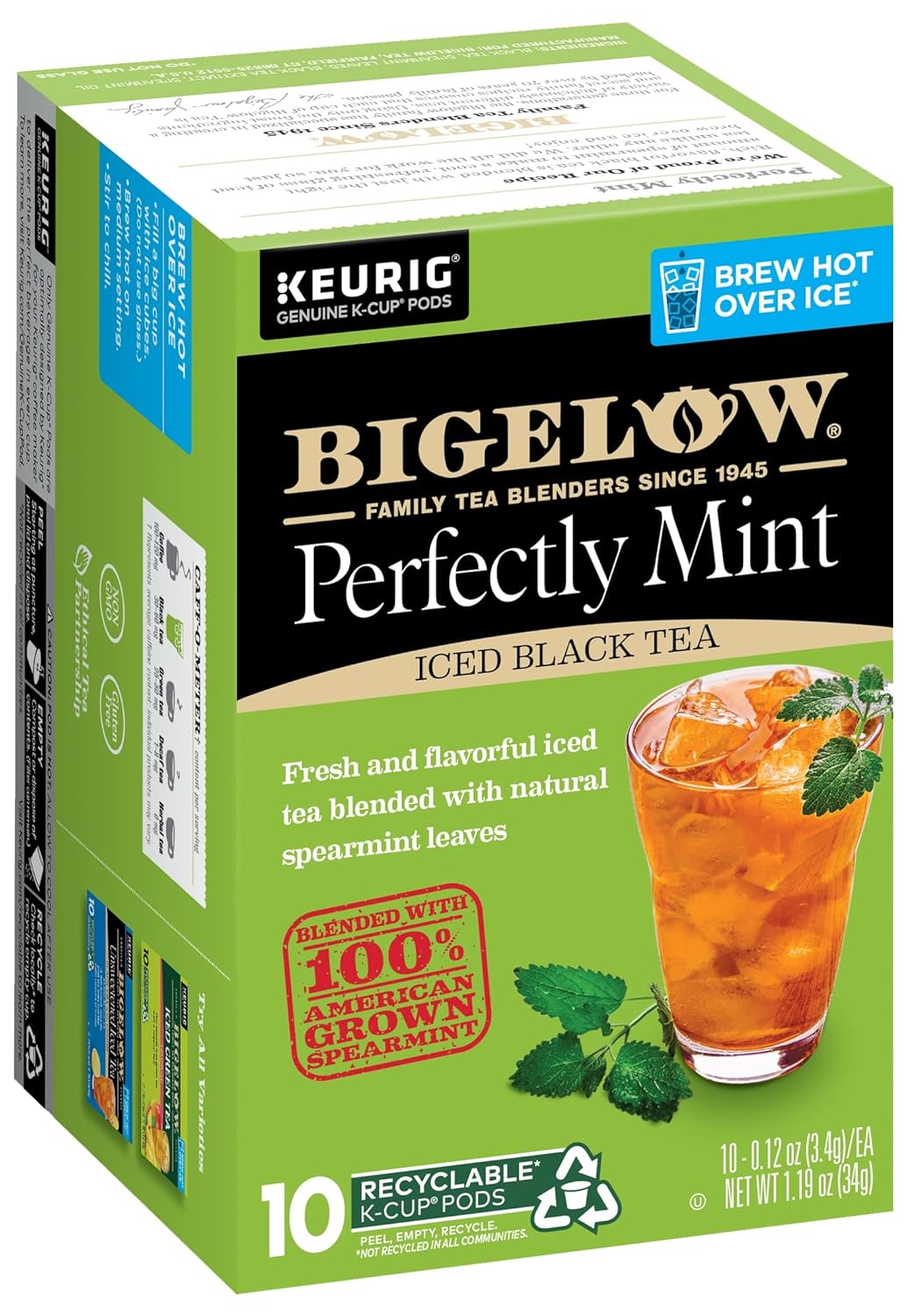 Bigelow Tea Unsweetened Perfectly Mint Iced Black Tea Keurig K Cup Pods, Caffeinated Tea Keurig Tea Pods, 10 Count Box (Pack Of 6), 60 Total K-Cup Pods