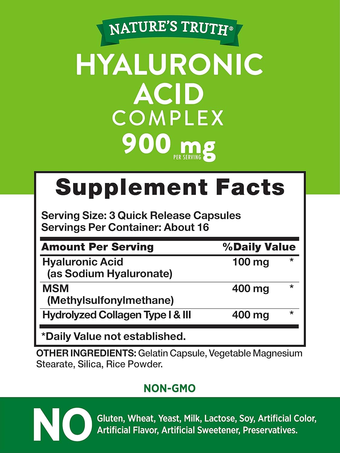 Nature's Truth Hyaluronic Acid 900 mg Capsules, 50 Count : Health & Household