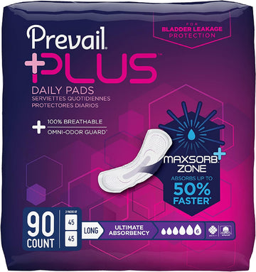 Prevail Plus | Long Length Incontinence Bladder Control Pads | Ultimate Absorbency | 90 Count (2 Packs Or 45)