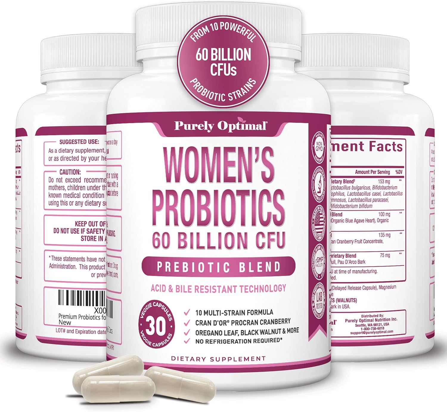 Purely Optimal Womens Probiotics 60 Billion Cfu W/Organic Prebiotics & Digestive Enzymes (30 Count)