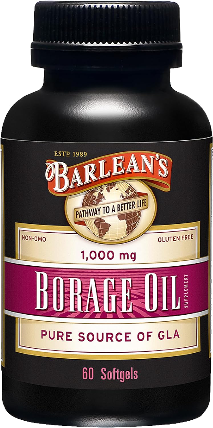 Barlean's Borage Oil Capsules, 1000mg Cold Pressed Pure Borage Seed Oil GLA Supplement, Omega 6 for Healthy Skin Joints and Bones and Brain Function, Non-GMO and PA Safe, 60 Count