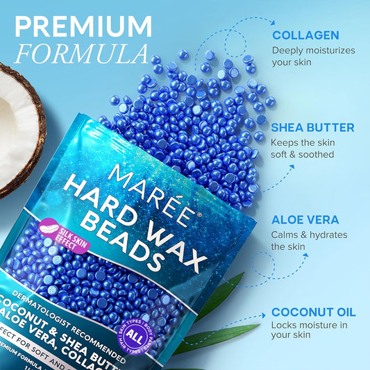 MAREE Hard Wax Beads - Hair Removal Wax Kit with Marine Collagen Shea Butter & Aloe Vera - Bikini Wax Beads, Body Wax Beads for Sensitive Skin - 450G
