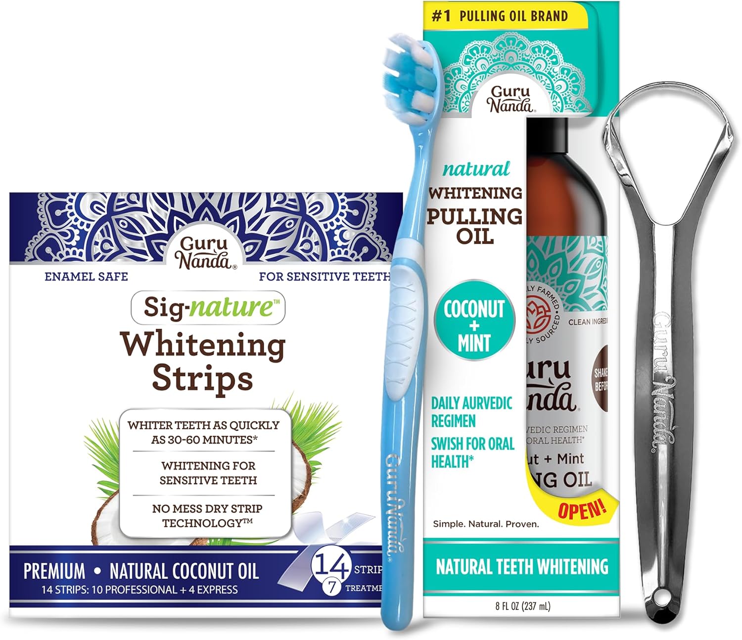 Gurunanda Coconut & Mint Oil Pulling With Tongue Scraper & Teeth Whitening Strips - 7 Treatments With 14 Strips - Enamel-Safe Strips For Sensitive Teeth