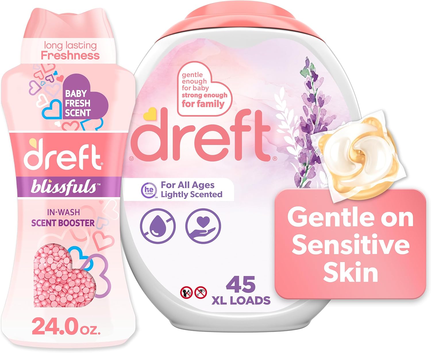 Dreft Laundry Bundle: Dreft Detergent Pacs, Lightly Scented, Lavender, He Compatible, 45 Count + Dreft Blissfuls In-Wash Scent Booster Beads, Baby Fresh Scent, 24 Oz