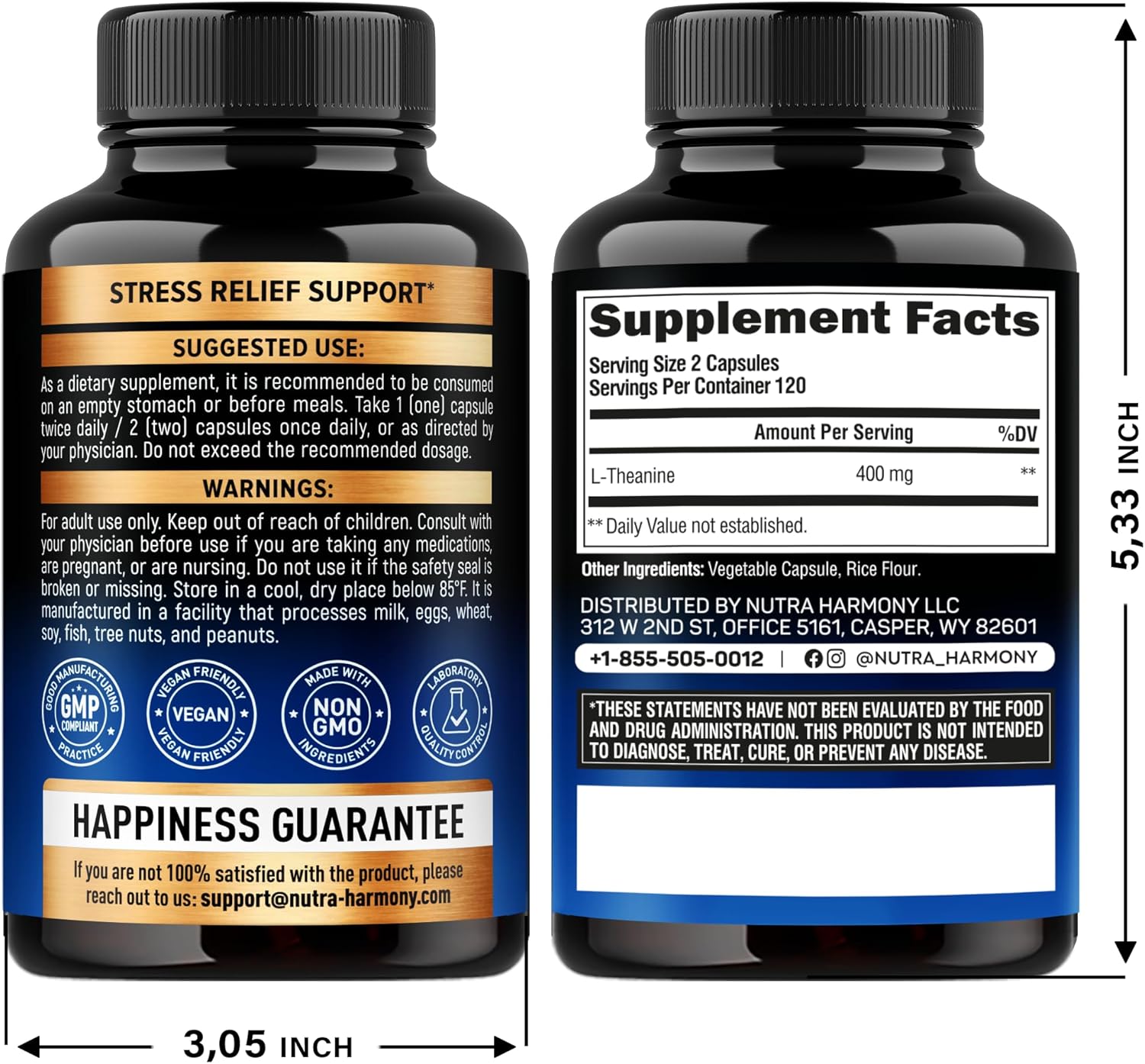 L Theanine 400 Mg | L-Theanine Stress Relief | Extra Strength Supplement | Made In Usa | Relaxation, Sleep & Calm Support | For Men & Women | Plant Based, Non-Gmo & Gluten-Free | 120 Vegan Capsules