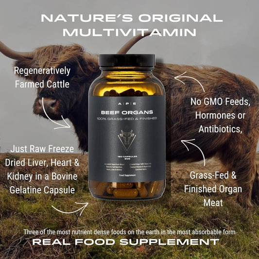 Ape Nutrition Beef Organs Grass Fed - Liver Kidney Heart Organ Capsules, Ancestral Supplement Uk, 100% Grass Fed & Finished, No Antibiotics Hormones Or Gmos, 180 500Mg Capsules