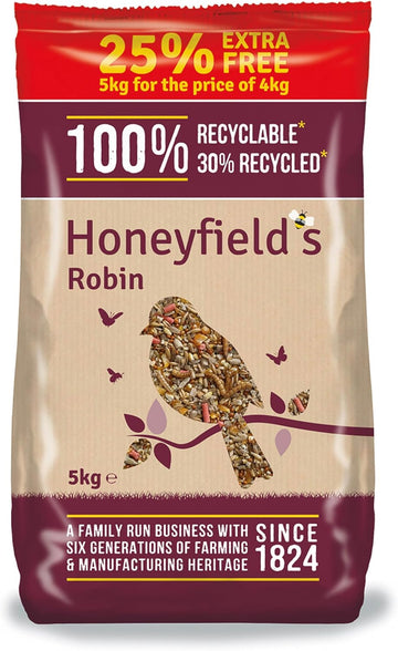 Wild Bird Food for Small Birds - Robin Food Mix, Kibbled Sunflower Hearts and Mealworms, High in Energy and Protein, Great for Hanging Feeders, Bird Tables, and Ground Feeding (5kg) - Honeyfield’s?71001105