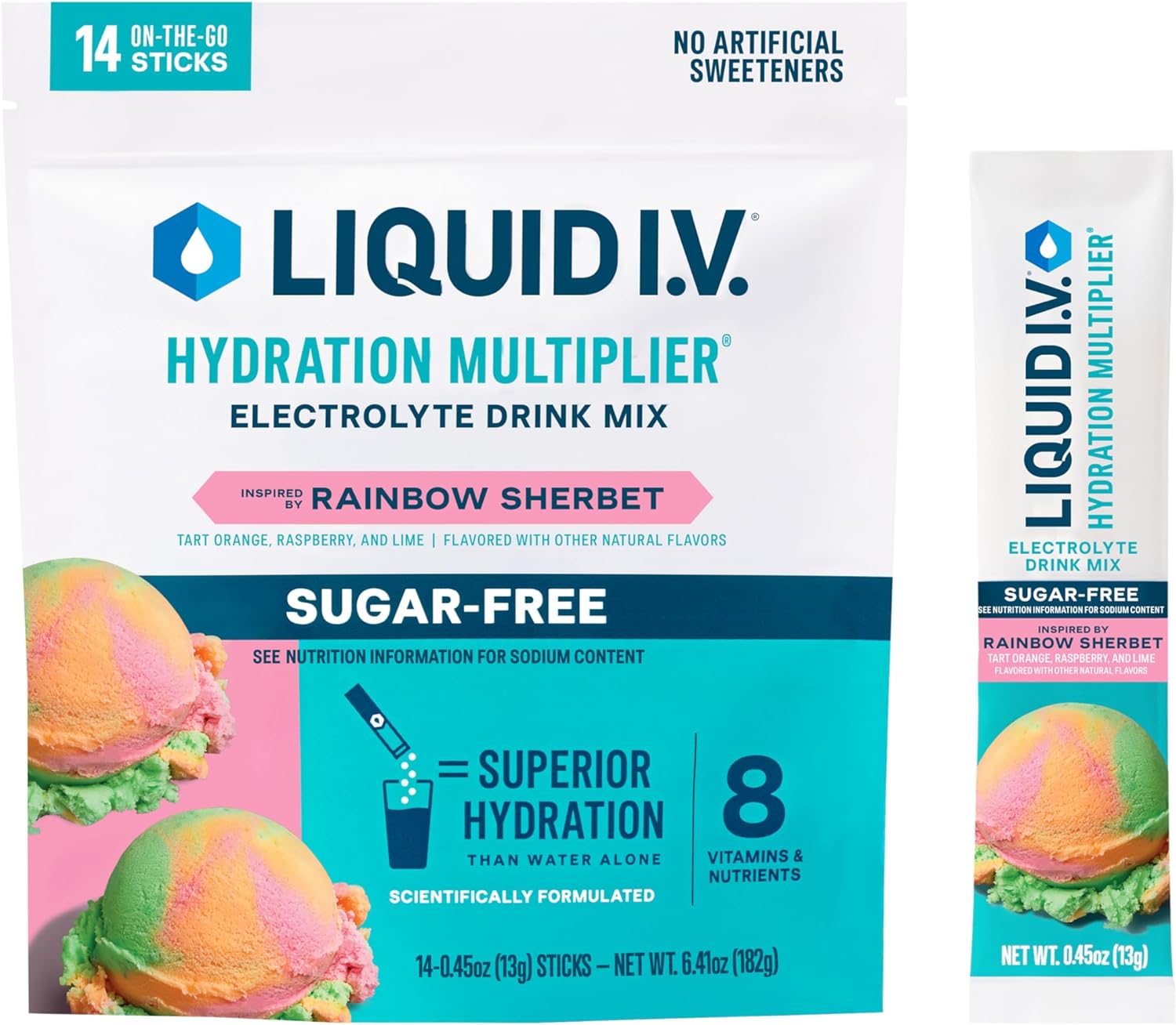 Liquid I.V.® Hydration Multiplier® Sugar-Free - Rainbow Sherbet - Hydration Powder Packets | Electrolyte Powder Drink Mix | Convenient Single-Serving Sticks | Non-Gmo | 14 Servings (Pack Of 1)