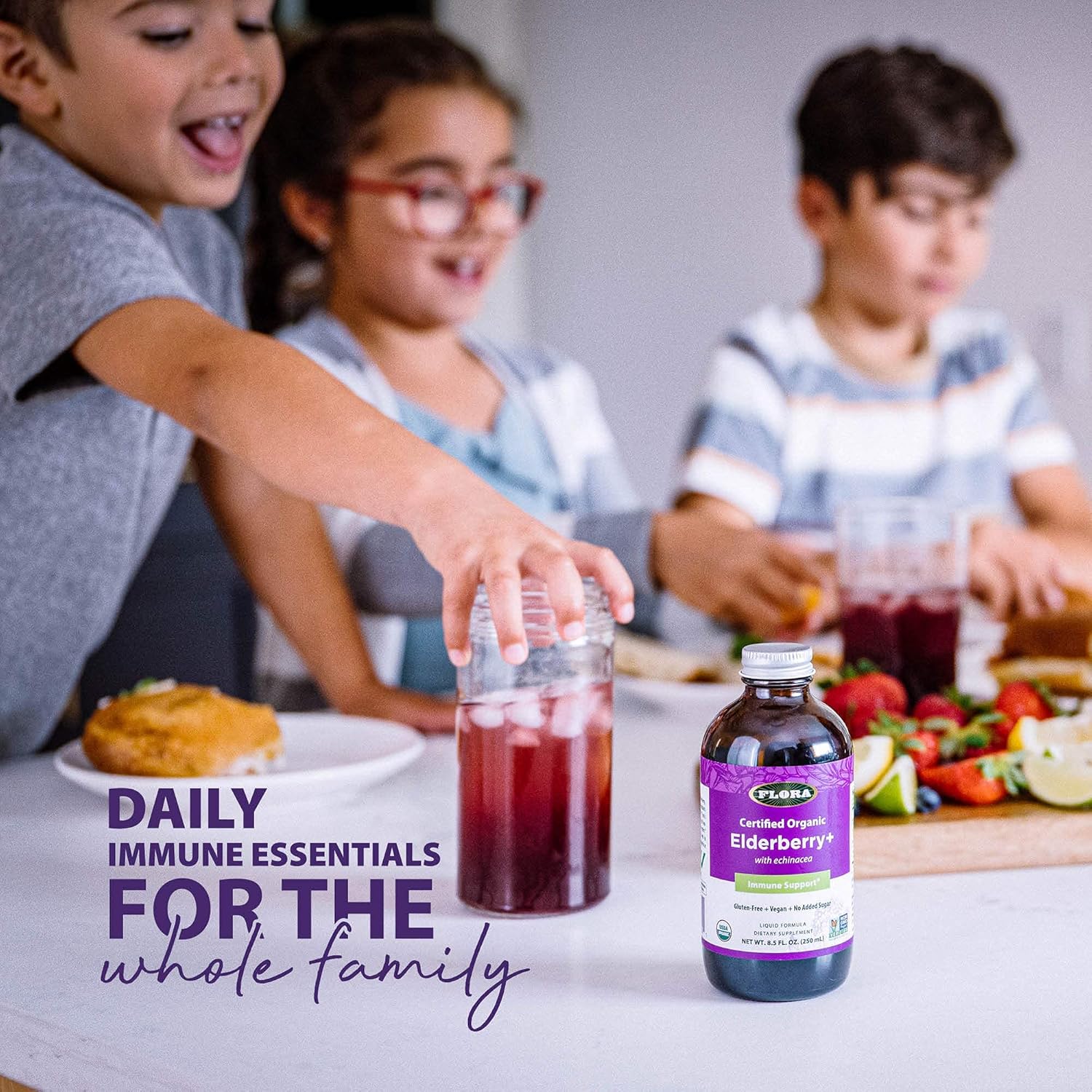 Flora Organic Black Elderberry Syrup + 8.5oz - Immune Booster with Echinacea, for Kids & Adults, No Added Sugar, Gluten Free, Vegan, SambuGuard : Health & Household