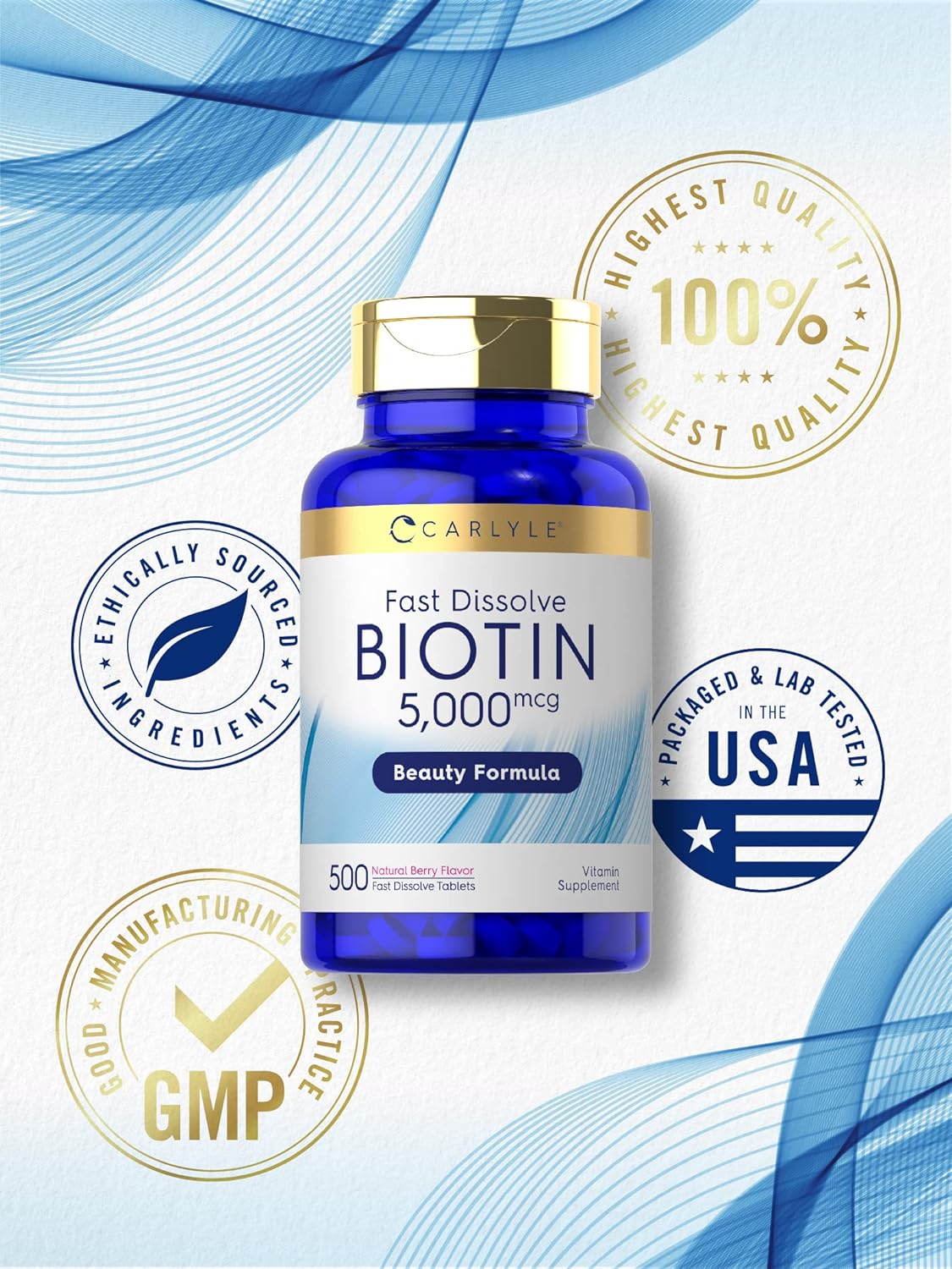 Carlyle Biotin 5000mcg | 500 Fast Dissolve Tablets | Vegetarian, Non-GMO, Gluten Free Supplement : Health & Household