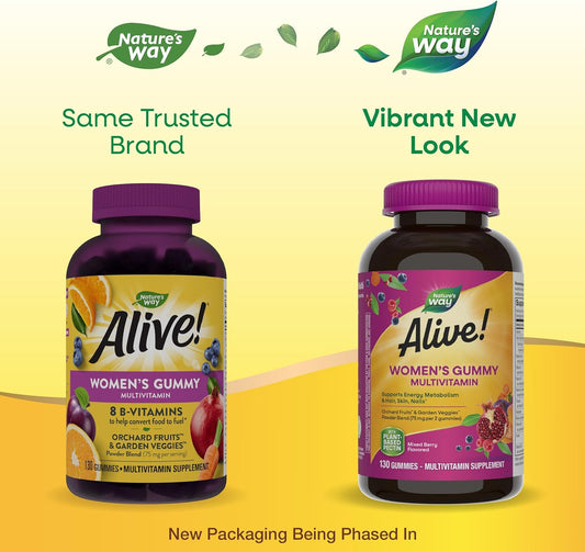 Nature'S Way Alive! Women'S Daily Gummy Multivitamins, 16 Vitamins & Minerals, Energy Metabolism*, Hair Skin & Nails*, Vegetarian, Mixed Berry Flavored, 130 Gummies (Packaging May Vary)