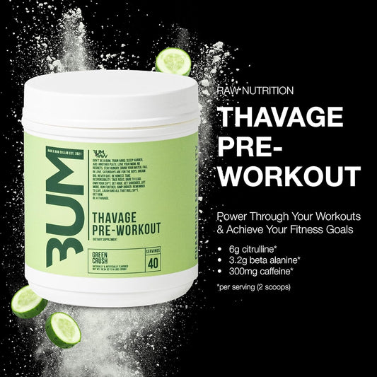 RAW Preworkout Powder, Thavage (Green Crush) - Chris Bumstead Sports Nutrition Supplement for Men & Women - Cbum Pre Workout for Working Out, Hydration, Mental Focus & Energy - 40 Servings
