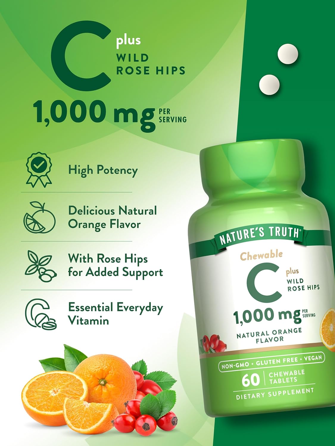 Nature's Truth Chewable C 500 mg Plus Wild Rose Hips Tablets Natural Orange Flavor - 60 ct : Health & Household