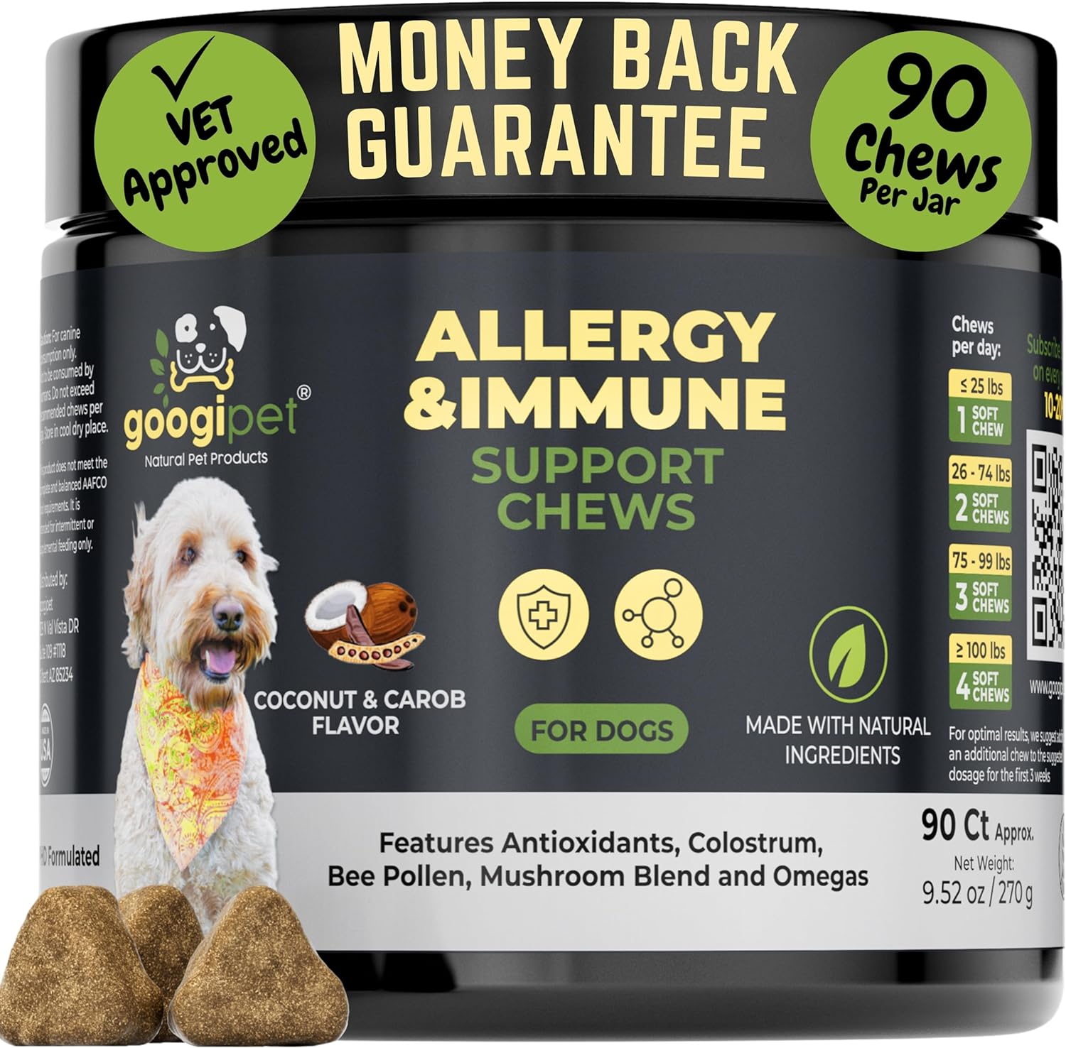 Googipet Dog Allergy Chews -Dog Allergy Relief & Itchy Skin Relief -Dog Skin & Coat Supplement +Bee Pollen, Colostrum for Dogs, Coconut Oil, Probiotics, & Omega 3 Fish Oil for Dogs Itching Skin Relief